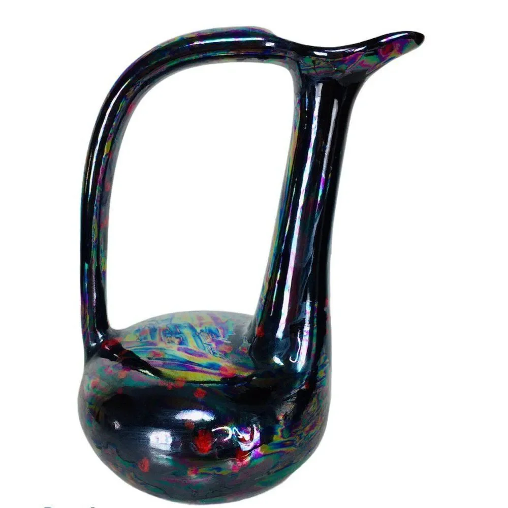 Vintage Black Iridescent Glazed Oil slick Petrol Gothic Bird Ewer Pitcher Vase